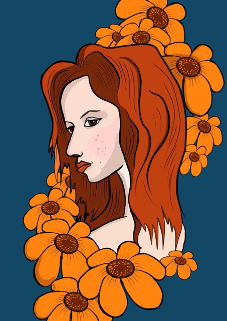 vector comic style illustration of woman with red hair and daisies