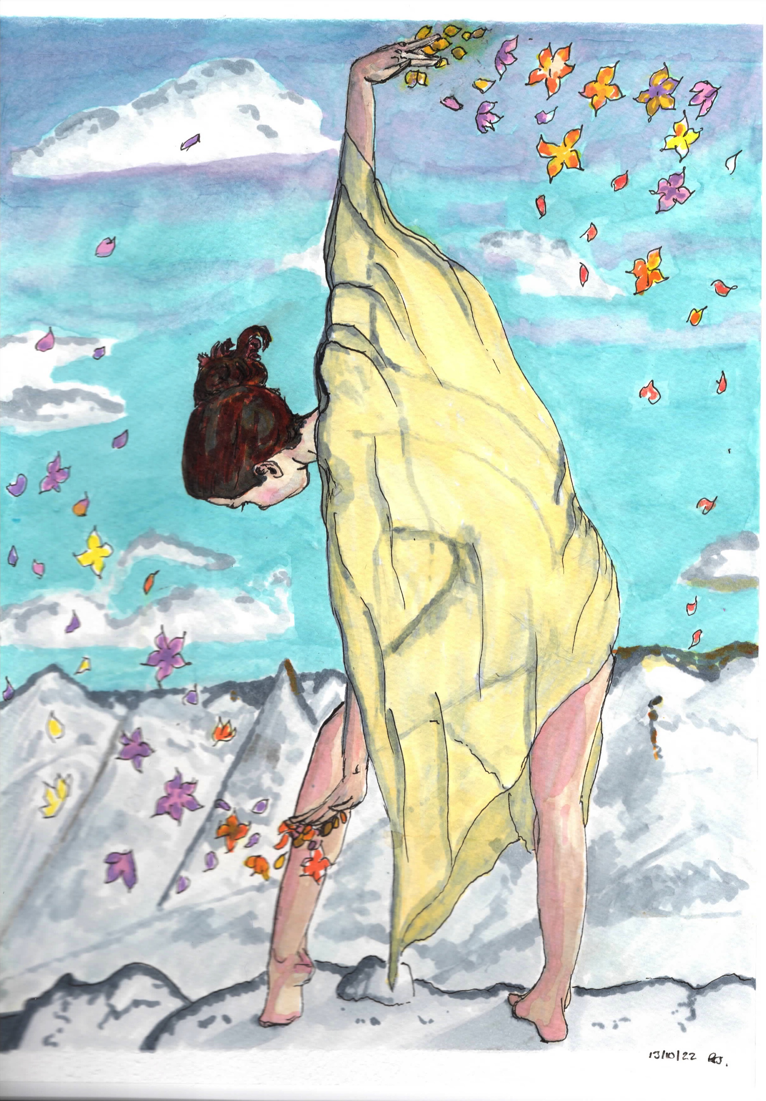 A woman dancing with flowers coming from her hands