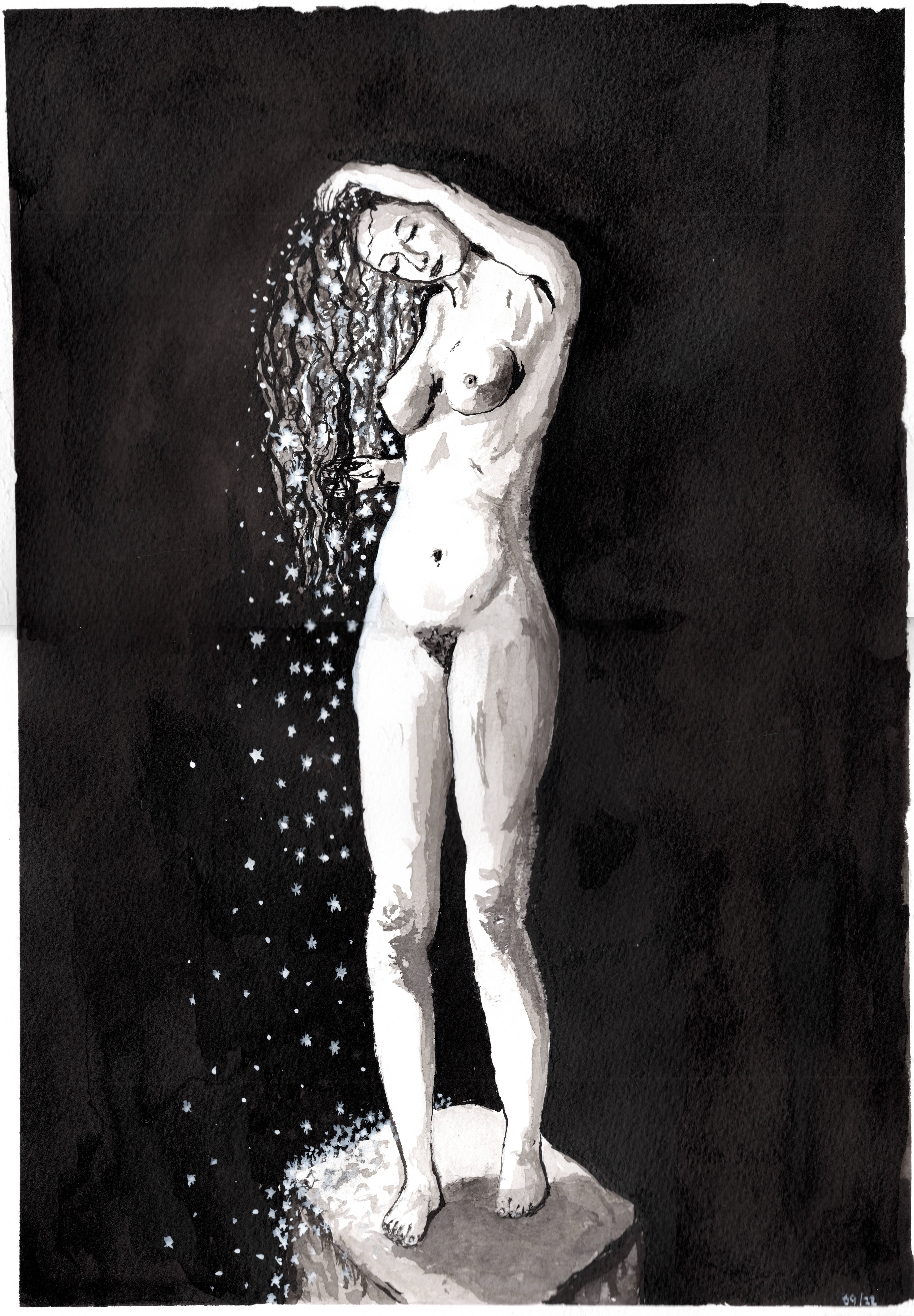 A nude woman in black and white shaking stars from her hair